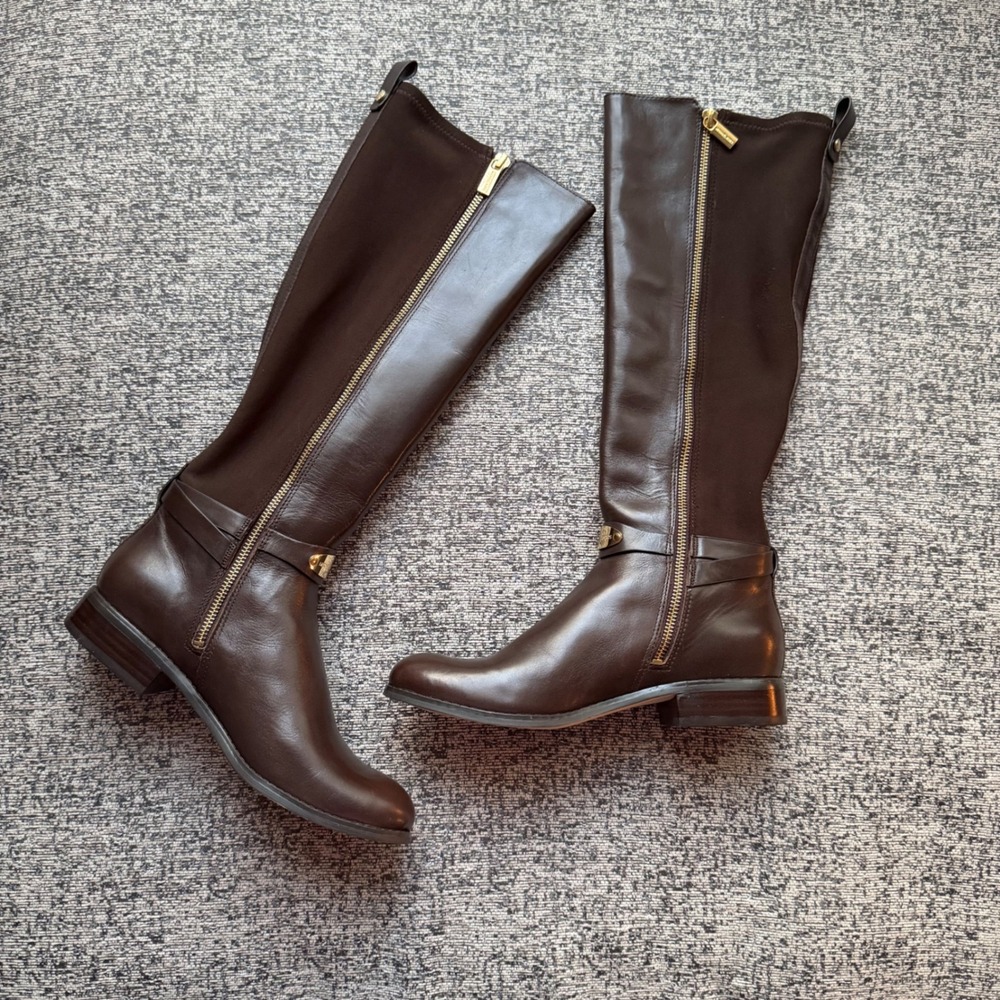 NEW Michael Kors Chocolate Brown Leather Knee High Riding Boots Gold Zip 8M